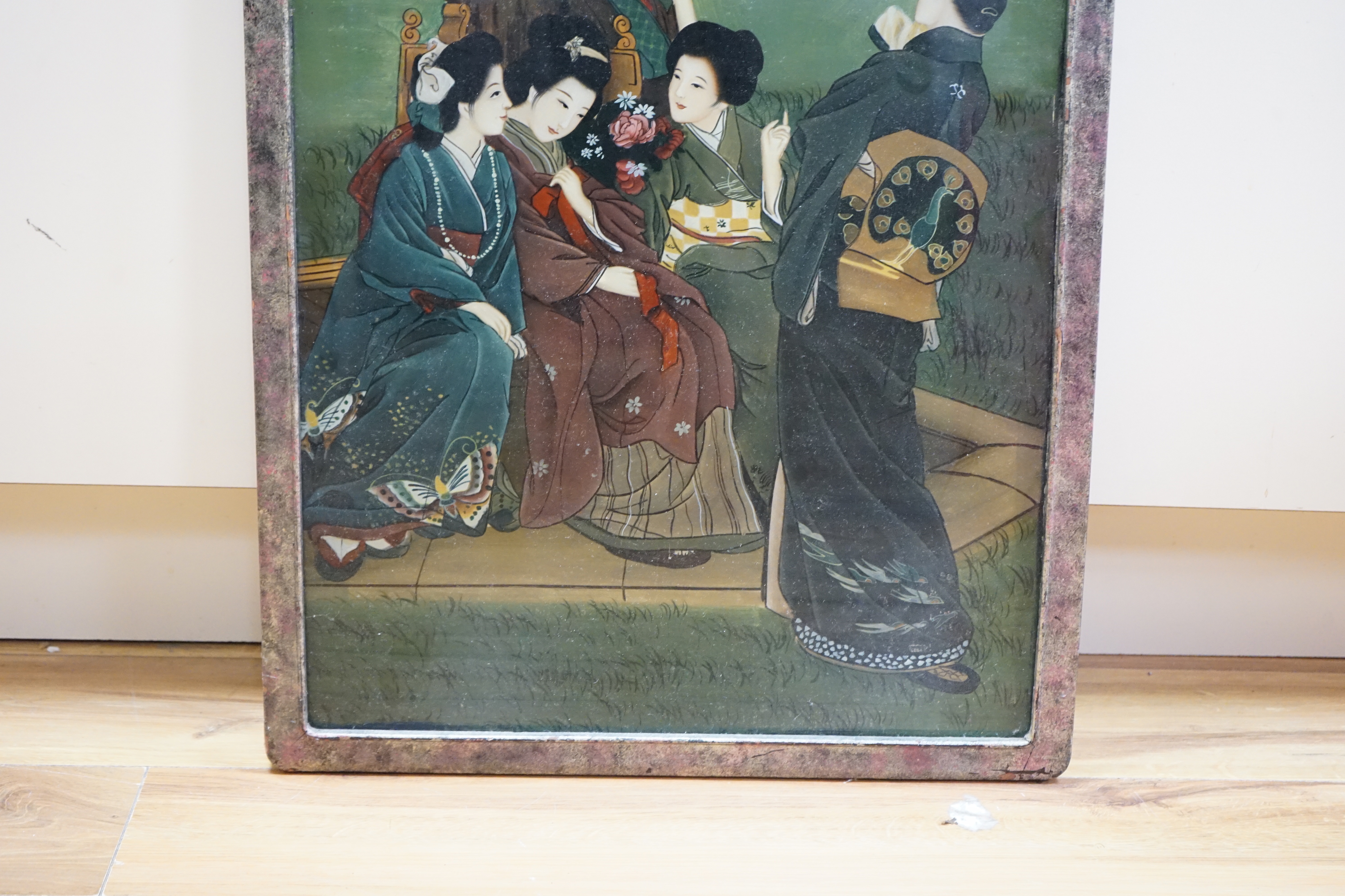 A Chinese reverse glass painted panel, ladies wearing kimonos, 64 x 44cm